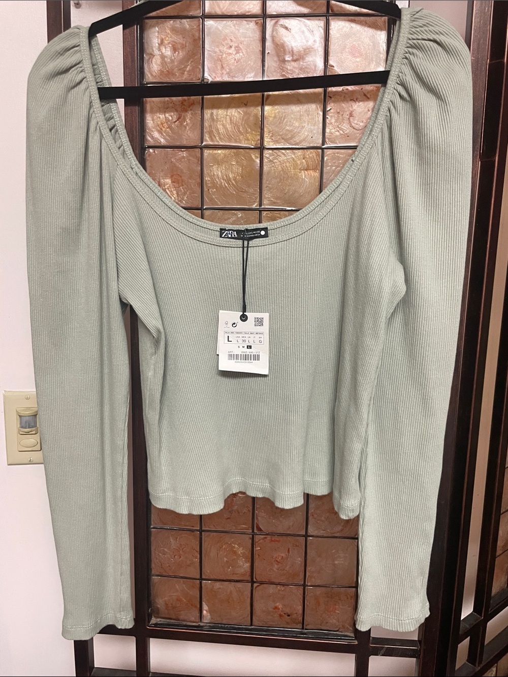 Zara Light Sage Green Ribbed Scoop Neck Top